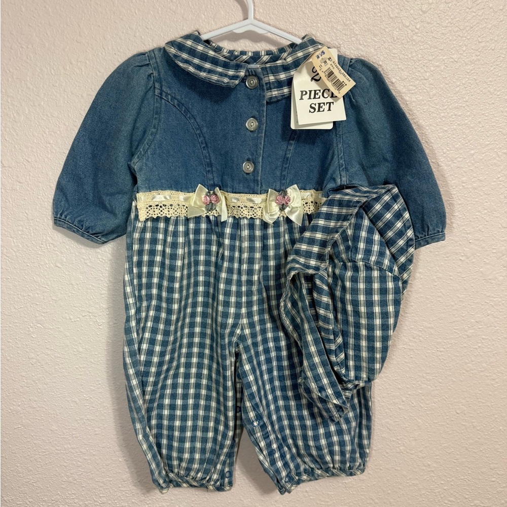 Vintage Blue and White Plaid Baby Outfit with Matching Hat